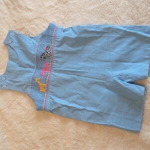 Handmade Smocked Zoo Blue Gingham Kids Overalls Sz 3T